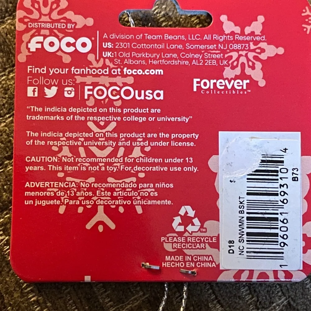 FOCO Football Snowman Ornament UNC